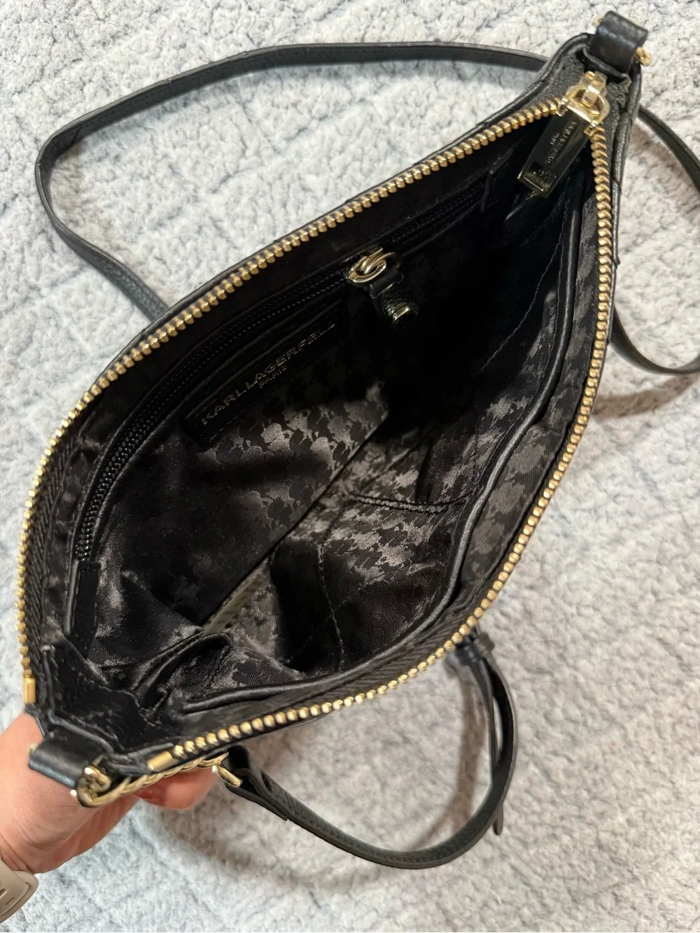 Karl Lagerfeld Black Quilted Floral Crossbody Pouch with Gold Chain